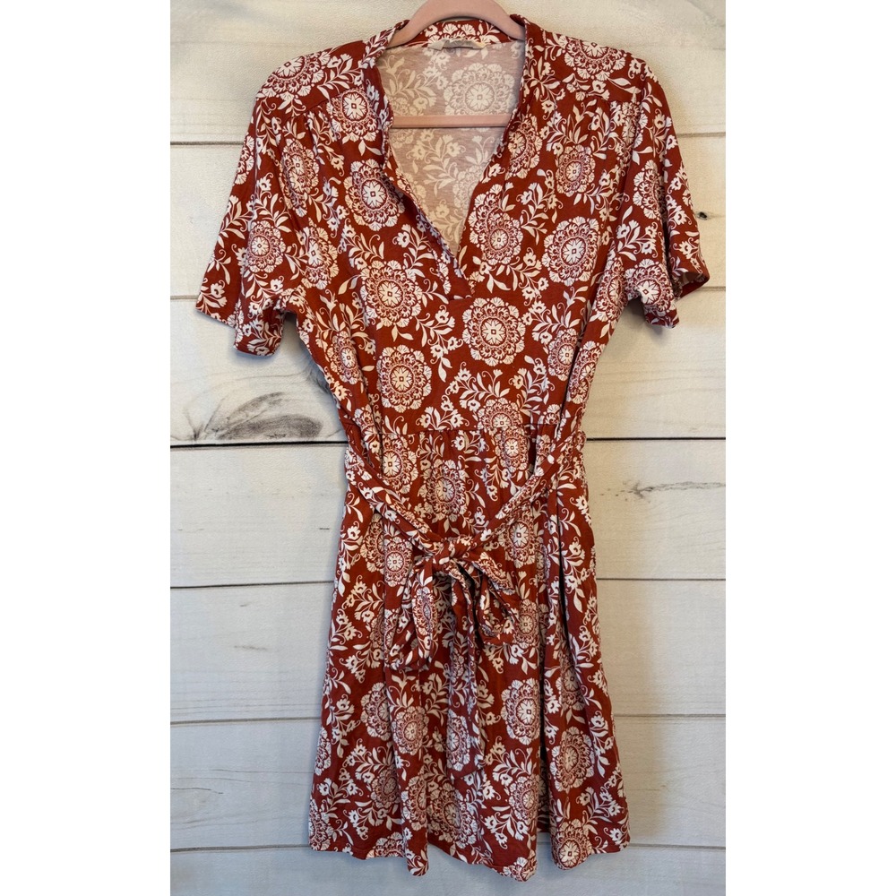Boden Rust Orange White Floral Medallion Jersey Belted Dress US 12R D1494